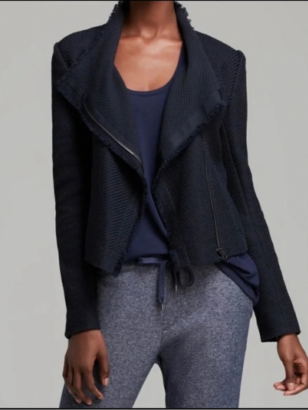 Vince. Tweed Moto Jacket Blazer Asymmetrical Zip Fray Jacket. Black. Size Medium